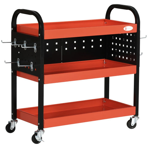 Rootz Tool Trolley - Workshop Trolley - 3 Shelves - 2 Perforated Panels - Up To 100 Kg - Steel - Red - 75 x 35 x 80cm
