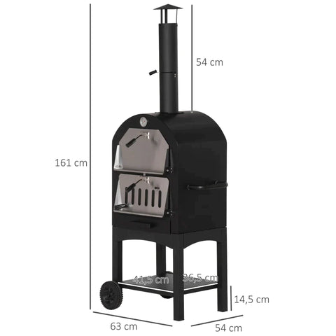 Rootz 2-in-1 Outdoor Pizza Oven With Rollers - Grill Oven With Protective Cover - Pizza Shovel - 2 Grill Nets - Grill Trolley With Chimney - 3-tier Wood-burning Oven For BBQ -  Steel - Black + Silver - 63 x 54 x 161 cm