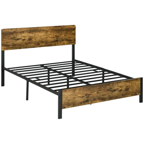 Rootz Bed Frame In Industrial Design - Black Steel Frame - Head And Footboard - Wood Look - Chipboard - Rustic Brown + Black - 149 x 207 x 104 cm