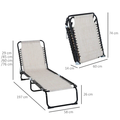 Rootz Sun Lounger - Folding Sun Lounger - Beach Chaise Chair - 4-level Backrest - Beige - 197 cm x 58 cm x 76 cm