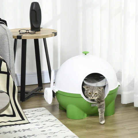 Rootz Cat Litter Box - Strainer - Scoop - Cats Up To 4kg - Easy To Clean - Cute Design -  Plastic - Green + White - 53L x 51W x 48H cm