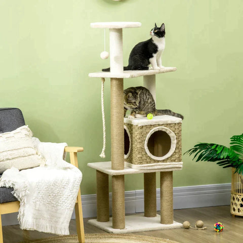 Rootz Scratching Post - Cat Tree - Cat Cave - Cat Bed - With Ball Toy - Natural/Beige - 47.5cm x 38.5cm x 128cm