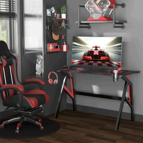 Rootz Gaming Desk - Gaming Table - With Headphone Hook - Drink Holder - R-Shaped Computer Desk - Metal - Black/Red - 120 x 58 x 75 cm
