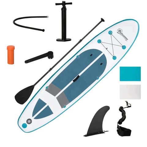 Rootz Surfboard - Inflatable Surfboard - Stand Up Board With Paddle - Surfboard With Adjustable Paddle - Kayak Seat - Foldable - EVA - Non-slip - White + Blue - 320L x 76W x 15H cm