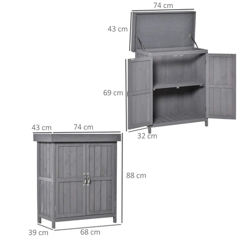Rootz Equipment Cabinet - Double Door - Hinged Lid - 2 Shelves - Weatherproof - Natural Wood - Gray - 74 x 43 x 88cm