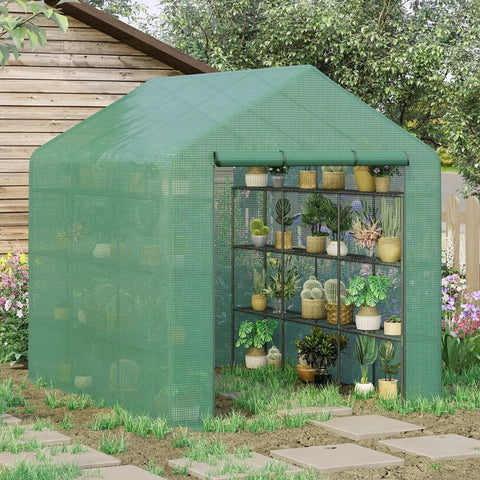 Rootz Greenhouse - Foil Greenhouse - Walk-in Greenhouse - With 8 Shelves - Cold Frame - Green - 244 x 180 x 210 cm