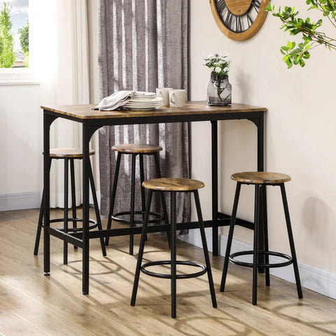 Rootz Bar Table Set - Industrial Design - 5 Pcs.table Set - 1 Bar Table - 4 Bar Stools - Seating Area - Kitchen Counter - Black + Brown - 110L x 50W x 89.5H cm.