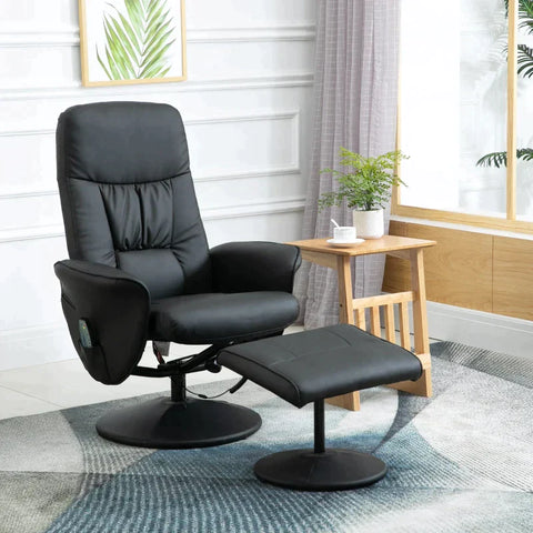 Rootz Relaxation Chair - Massage Chair - Reclining Chair - Ergonomic Chair - Relaxation Chair With Footstool - Storage Space Reclining Function - TV Chair With Massage Function - Imitation Leather - Black - 76 x 81 x 105 cm