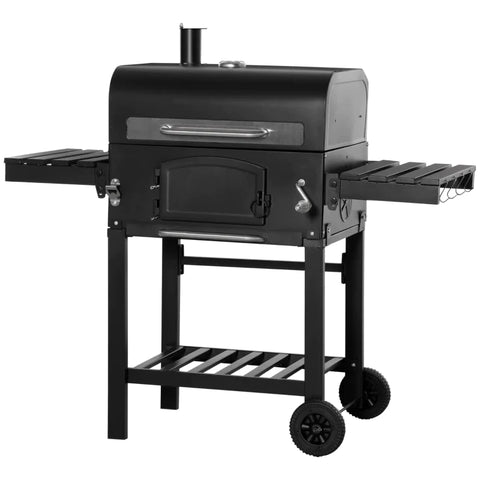 Rootz BBQ Grill - Charcoal Grill BBQ Trolley - Garden Grill - With Adjustable Charcoal Height - Metal/Enameled Cast Iron - Black - 124 x 66 x 112 cm