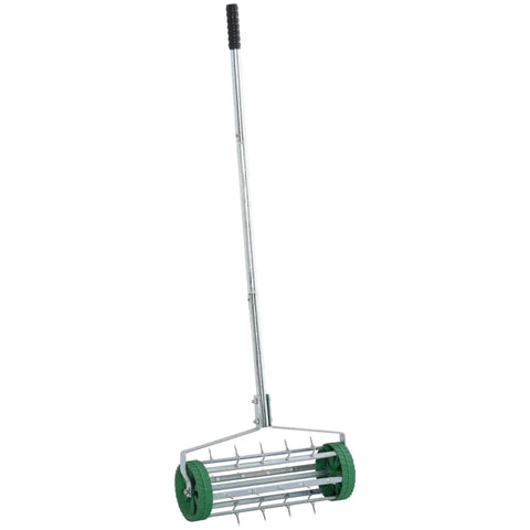 Rootz Lawn Roller - Lawn Aerator - Handle Length Adjustable - Hand Scarifier - Spiked Roller Lawn - Maintain Garden - Green + Silver - 139 x 43.5 x 15 cm
