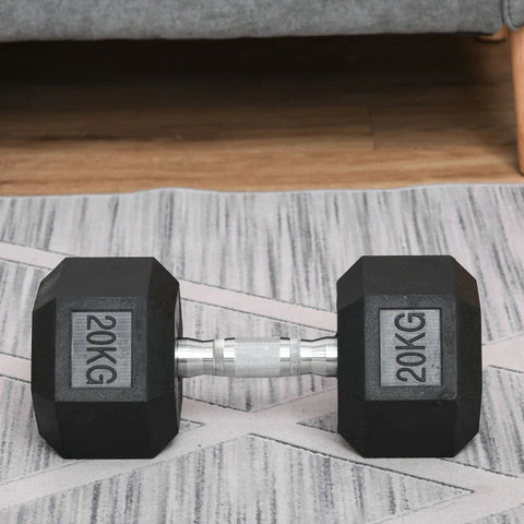 Rootz Hexagon - Dumbbell - Cast Iron Dumbbell - Rubber Dumbbell - Handle Knurled - Weights - Metal - Rubber - Black - 1 x 20 KG