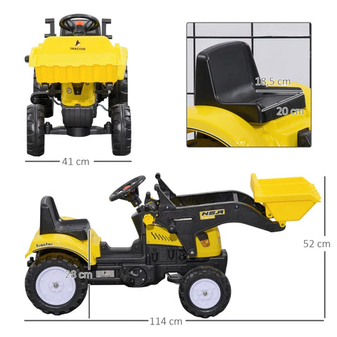 Rootz Children's Wheel Loader - Movable Shovel - Horn - Pedal Drive - Plastic - From 3 Years - Metal Frame - Black+Yellow - 114 x 41 x 52 cm