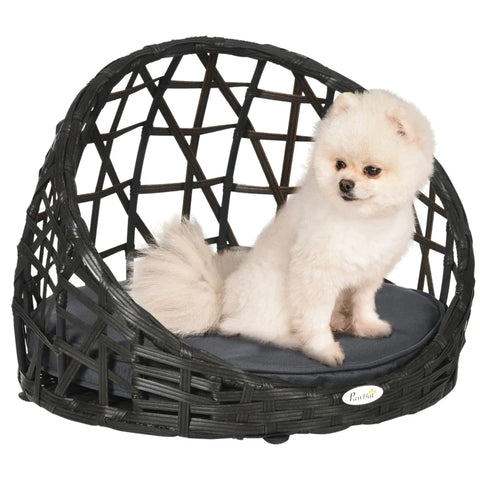 Rootz PE Rattan Dog Bed with Cushion - Removable Cover -  Brown + Blue - 51cm x 51cm x 41cm