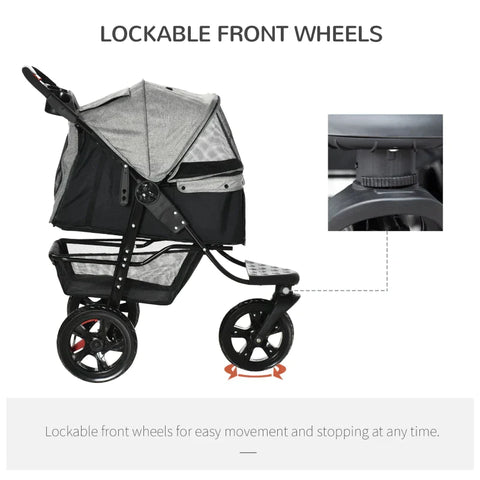 Rootz Dog Buggy - Cat Buggy - Dog Cart - Pet Stroller with 3 Wheels - Foldable - Adjustable Canopy - Oxford - Gray/Black - 109.5 x 57.5 x 106.5 cm