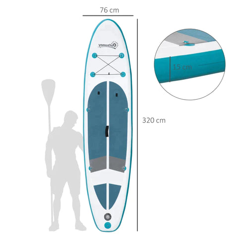 Rootz Surfboard - Inflatable Surfboard - Stand Up Board With Paddle - Surfboard With Adjustable Paddle - Kayak Seat - Foldable - EVA - Non-slip - White + Blue - 320L x 76W x 15H cm