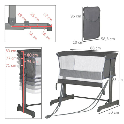 Rootz Baby Cot - Baby Bed - Extra Bed - Travel Bed - Height Adjustable - With Mattress - Steel/Mesh/Plastic - Grey - 86 x 50 x 83cm