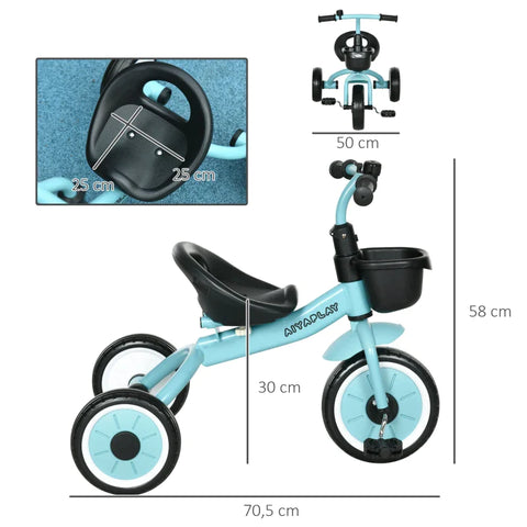 Rootz Child Bicycle Seats - Children 2-5 Years - Height - Non-slip Handlebar - Adjustable Seat - Bell - Bicycle Basket - Robust Plastic - Metal Frame - Blue - 70.5L x 50W x 58H cm