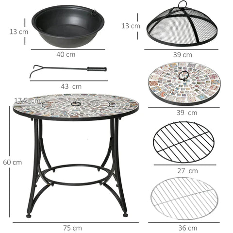 Rootz Fire Table - Garden Table With Fire Bowl - Fireplace With Spark Protection & Grill Grate - Fire Basket - Outdoor For Heating BBQ - Garden - Terrace - Metal Tile - Black - 75 x 75x 60 cm