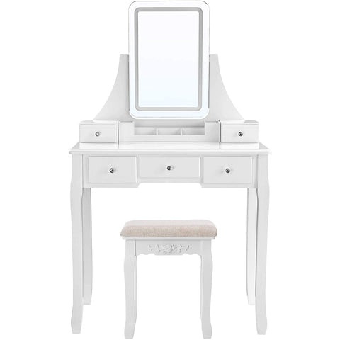 Rootz Dressing table with LED lighting - Make-up Table - Mirror - 5 Drawers - With Stool - White - 80 x 40 x 137.5 cm (LxWxH)