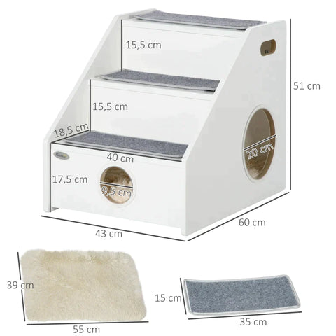 Rootz Pet Stairs - 3 Tier Dog Ramp - Cat Stairs - Dog Stairs - With Sleeping Cave - 3 Rugs - With Non-slip Carpet - White - 60 x 43 x 51 cm