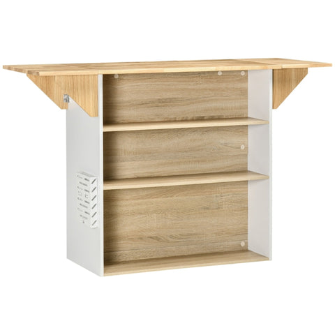 Rootz Kitchen Island - 2 Folding Tables - 3 Shelves - Knife Holder - White + Natural - 140cm x 55cm x 91cm