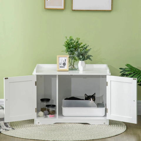 Rootz Litter Box - Cat House - with Divider Magnetic Door - Side Shelf - MDF - White - 86 x 48 x 52cm