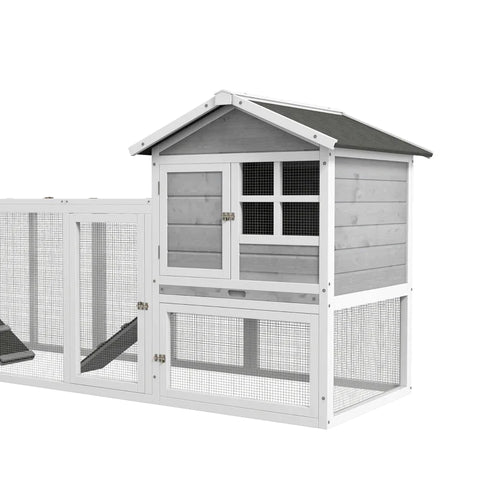 Rootz Small Animal Hutch - Double Main House - Guinea Pig Hutch - Bunny Run - Wooden Small - Run Box - Slide-out Tray - Ramp - Grey - 259 x 64 x 92cm