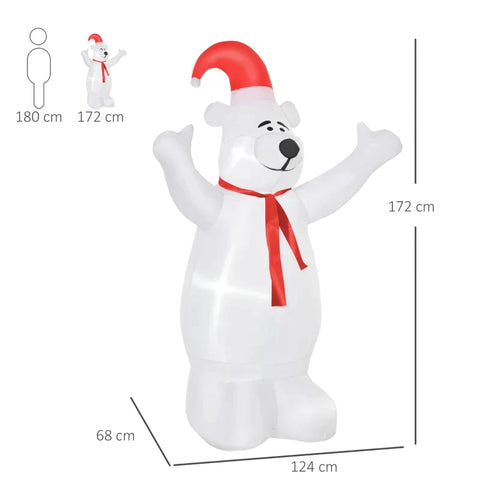 Rootz Christmas Polar Bear - Inflatable Christmas Polar Bear - Christmas Decoration with Lights - Weatherproof - Polyester Fabric - Red/White - 124 x 68 x 172 cm
