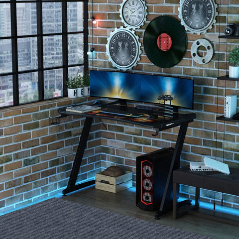 Rootz Gaming Desk - Z-Shaped Gaming Desk - Computer Desk - Office Desk - Gaming Table - With Led Light - Desk With Cup Holder - Headphone Hook - Black - 120 x 60 x 73 cm