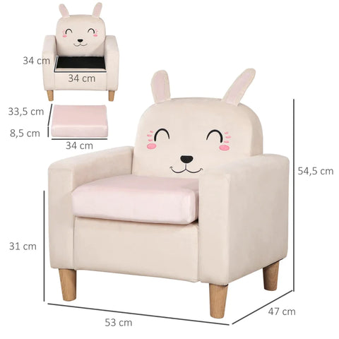 Rootz Children's Armchair - Rabbit Motif - High Back - Washable Cover - for Children 3-5 Years - Cream - 53 x 47 x 54.5 cm