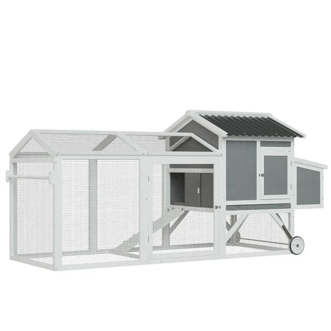 Rootz Chicken Coop - Chicken House with Nesting Box - Chicken Aviary with Wheels and Handle - Enclosure Poultry Coop - Fir Wood - PVC - Grey + White - 247 x 90 x 114 cm