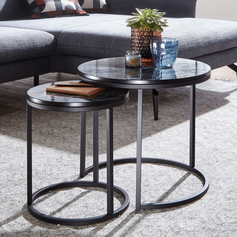Rootz Round Side Tables - Set of 2 Black Marble Look - Metal Frame Coffee Table - Modern Nesting Tables for Small Living Room