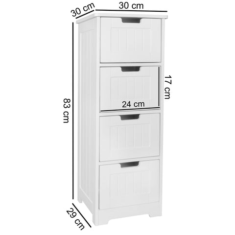 Rootz Bathroom Cabinet - Country Style - MDF Wood - White - Small Cabinet with 4 Drawers - Multi-purpose Side Cabinet - 30x83x30cm