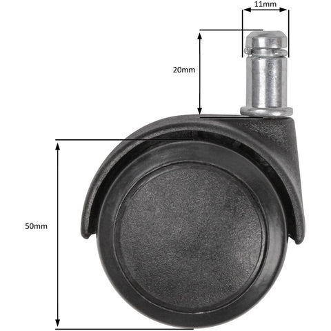Rootz Black Castors - Set of 5 Premium - 11mm Pin - 50mm Diameter - Ideal for Hard Floors