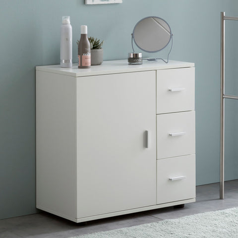 Rootz White Cabinet - Midi Cabinet with Door & Drawers - Small Matt Side Cabinet - Narrow Freestanding Bathroom Shelf - 60x65.5x33 cm