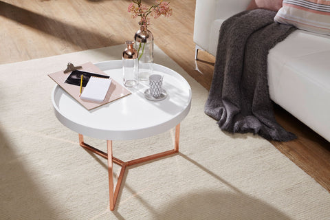 Rootz Coffee Table - White-Copper - Modern Retro Design - Metal Round Table with Wood Plate - 58.5x42x58.5cm