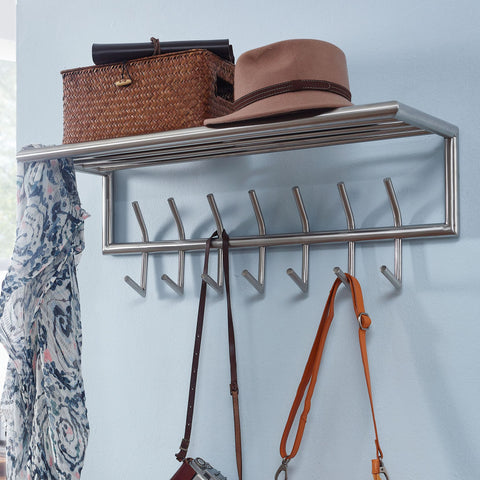 Rootz Silver Metal Wall Coat Rack with Shelf - Stylish Hallway Organizer - Hat Shelf and Hook Rail for Efficient Storage
