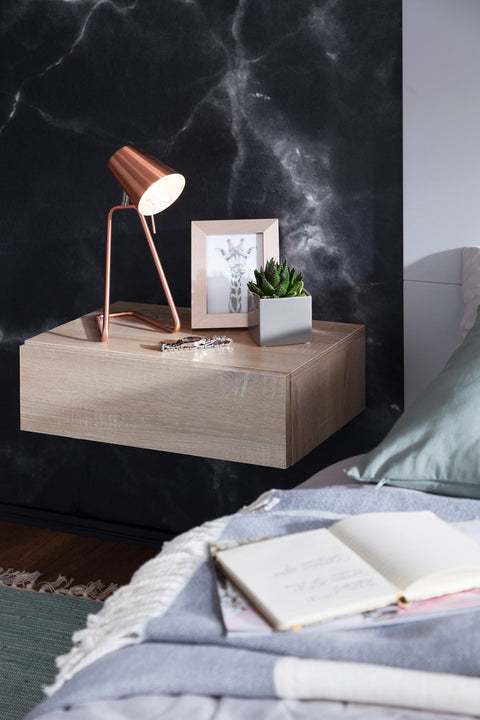 Rootz Wall-Mounted Bedside Table - Sonoma Wood - Drawer Wall Shelf - Floating Bedside Cabinet for Box Spring Bed - Hanging Wall Console - 46x15x30cm