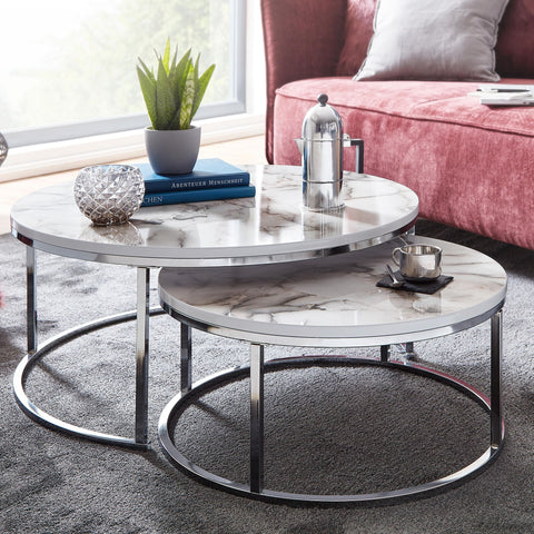 Rootz Coffee Table - White Silver Marble Look - Set of 2 Modern Round Coffee Table - Metal Side Table - Design Nesting Tables
