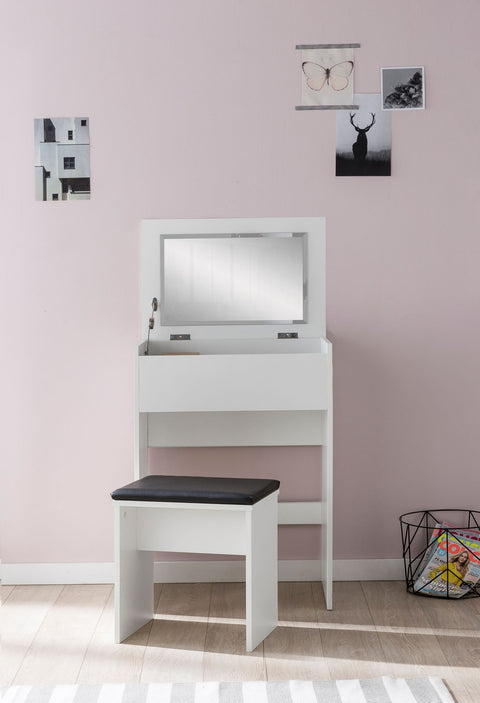 Rootz Dressing Table - Modern Wood Console Table with Stool and Mirror - White - 60x81x40cm