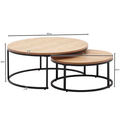 Rootz Coffee Tables - Wood-Metal Round Coffee Tables - Modern Oak Design - 2-Part Side Table - Set of 2 Living Room Nesting Tables