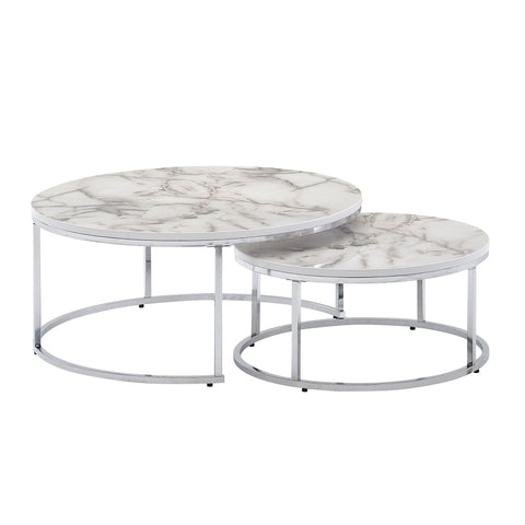 Rootz Coffee Table - White Silver Marble Look - Set of 2 Modern Round Coffee Table - Metal Side Table - Design Nesting Tables