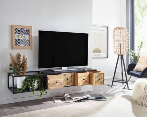 Rootz TV Stand - Hanging Lowboard - Modern Design TV Cabinet - Wall-Mounted TV Unit - Hanging TV Dresser - Black - Mango Solid Wood and Metal - 150x25x35 cm