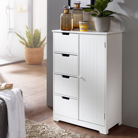 Rootz Bathroom Cabinet -  Country Style - MDF Wood - White - Small Cabinet with 4 Drawers & 1 Door - Multi-purpose Side Cabinet - 56x83x30cm