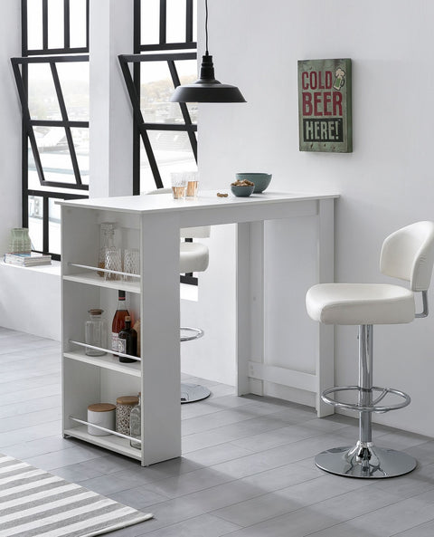 Rootz Bar Table - Wooden Kitchen Table with Integrated Shelf - White - 120x107.5x60cm