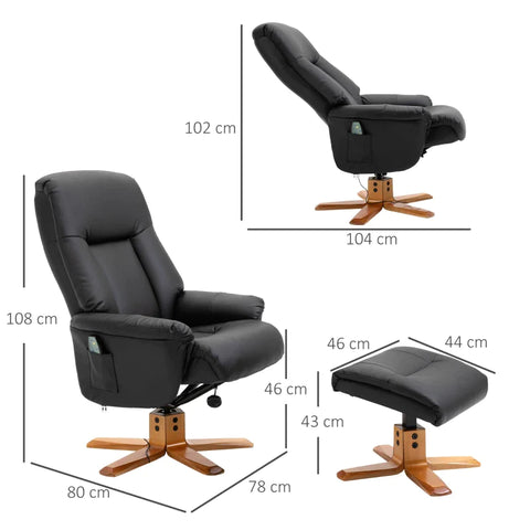 Rootz Massage Chair - Footstool - Relaxation Chair - 5 Modes - 2 Intensity Levels - 1 Side Pocket - Faux Leather - Black - 78L x 80W x 108H cm