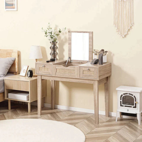 Rootz Dressing Table - Viennese Weave Look With 1 Mirror - 2 Drawers And 1 Storage Compartment - Natural - 100 cm x 46 cm x 78.5 cm