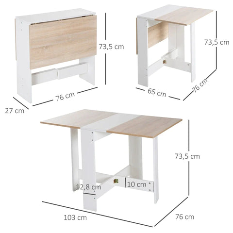 Rootz Folding Table - Dining Table - Desk - Computer Desk - Writing Table - Side Table - Oak + White - 103 x 76 x 73.5 cm