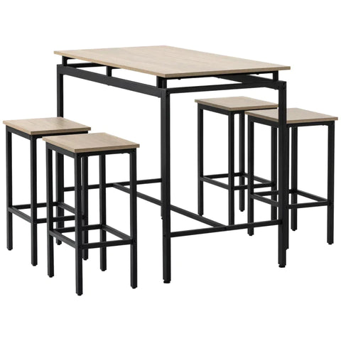 Rootz Bar Table - Bar Table Set - Bar Stool - Industrial Design - 5 Piece Bar Table Set - Chipboard/Steel - Oak/Black - 120 x 60 x 90cm