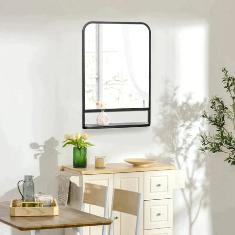 Rootz Wall Mirror - Modern Square Wall Mirror with Storage Shelf - Metal Frame - Rounded Edges - Black + Silver - 70cm x 10.2cm x 50cm